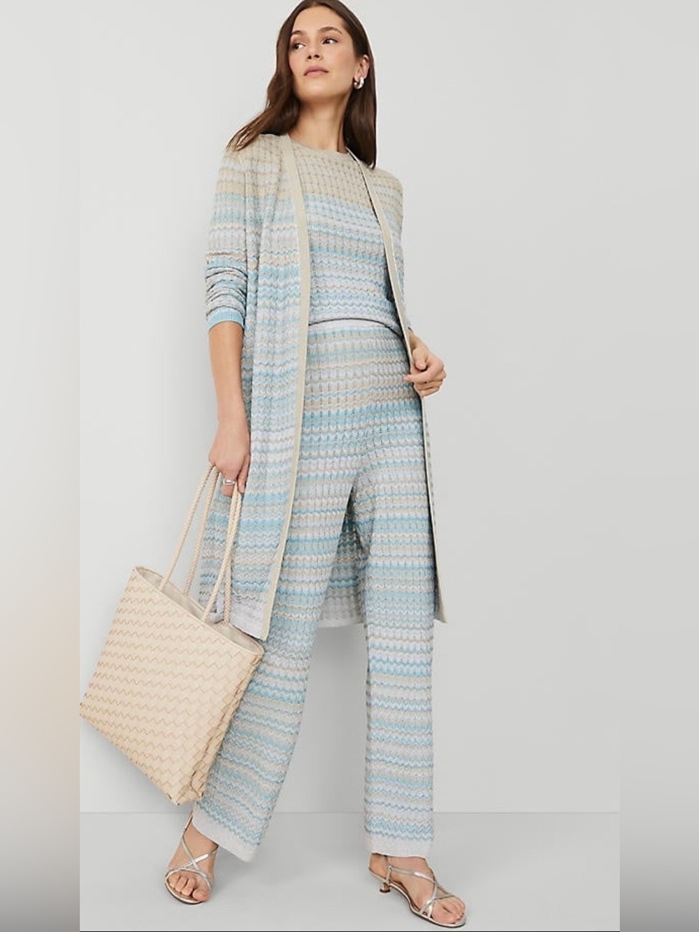 Light Blue Cream Striped Chevron Wavy Knit Pattern Cardigan with Matching pants